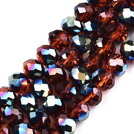 Honeyhandy Electroplate Transparent Glass Beads Strands, Half Multi-color Plated, Faceted, Rondelle, Orange Red, 8x6mm, Hole: 1mm, about 72pcs/strand, 16.14 inch(41cm)