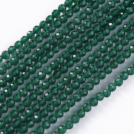 Honeyhandy Glass Beads Strands, Faceted, Round, Green, 2x2mm, Hole: 0.4mm, about 193~197pcs/strand, 14.17 inch~15.51 inch(36~39.4cm)