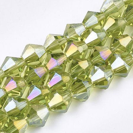 Honeyhandy Electroplate Glass Beads Strands, AB Color Plated, Faceted, Bicone, Light Green, 6x5.5~6mm, Hole: 1mm, about 47~48pcs/strand, 10.83 inch(27.5cm)