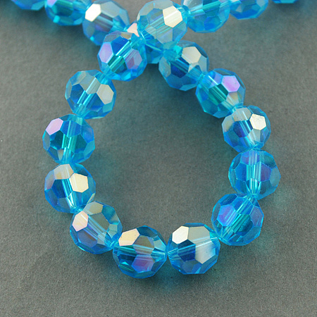Honeyhandy Electroplate Glass Beads Strands, AB Color Plated, Faceted(32 Facets), Round, Deep Sky Blue, 4mm, Hole: 0.5mm, about 100pcs/strand, 14.2 inch