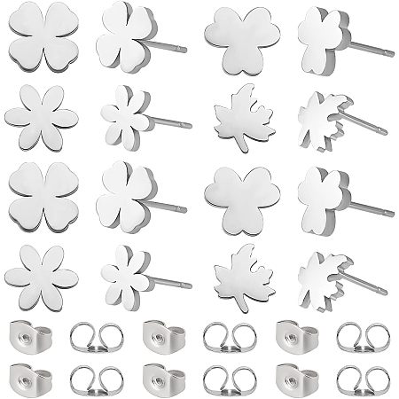 DICOSMETIC 40Pcs 4 Styles Plant Stud Earrings Stainless Steel Clover/Flower/Leaf Earrings Post Stainless Steel Ear Studs Tiny Stud Earrings with 50Pcs Ear Nuts for Women and Girl, Pin: 1mm