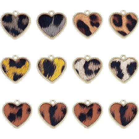 OLYCRAFT 12Pcs 5 Color Heart Leopard Print Leather Pendants Gold Plated Alloy Leopard Leather Charms Heart PU Leather Earrings Pendants with Loop for Earring Necklace Bracelet Jewelry Making