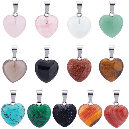 Arricraft 26 Pcs 13 Styles Heart Stone Pendants, Natural Gemstone Pendants Charms with Silver Snap on Bails, Crystal Heart Pendants fo Jewelry Making