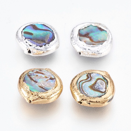 Natural Abalone Shell/Paua ShellBeads, Edge Plated, Flat Round, Mixed Color, 10~12x3~4mm, Hole: 0.7mm