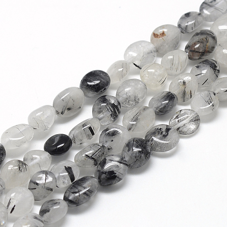 Honeyhandy Natural Black Rutilated Quartz Beads Strands, Oval, 8~15x7~12x4~12mm, Hole: 1mm, about 30~45pcs/strand, 15.7 inch