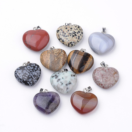 Honeyhandy Natural Gemstone Pendants, with Alloy Findings, Heart, Platinum, 27~29x28x11mm, Hole: 3.5x5mm