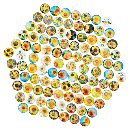 PandaHall Elite 100pcs Glass Cabochons, Sunflower Pattern, Half Round/Dome, Mixed Color, 12mm