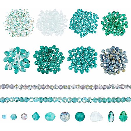 ARRICRAFT 820 Pcs 10 Styles Mixed Faceted Glass Beads, Rondelle Crystal Glass Bicone Beads Green Forest Style Faceted Round Drop Beads for Bracelet Necklace Jewelry Making DIY Craft