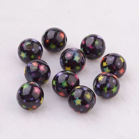 Honeyhandy Spray Painted Resin Beads, with Star Pattern, Round, Black, 10mm, Hole: 2mm