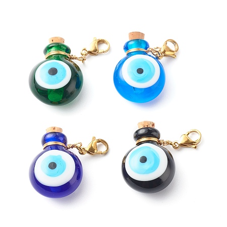 Honeyhandy Handmade Lampwork Perfume Bottle Pendants, Essential Oil Bottle, Evil Eye, with 304 Stainless Steel Lobster Claw Clasps, Mixed Color, 4.4cm