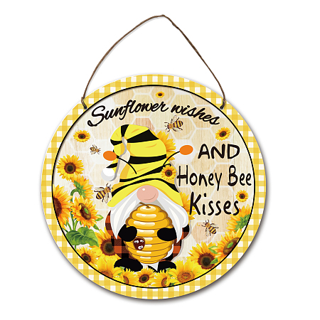 NBEADS Bee Gnome Sign Decoration, Round Gnome Wooden Sign Sunflower Wishes and Honey Bee Kisses Sign Farmhouse Wall Hanging Plaque with Jute Twine for World Bee Day Farmhouse Decor, 30×30cm