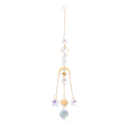 Honeyhandy Hanging Crystal Aurora Wind Chimes, with Prismatic Pendant and Moon & Sun Iron Link, for Home Window Chandelier Decoration, Golden, 305mm