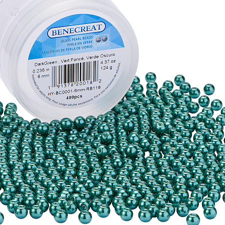 BENECREAT 400 Piece 6 mm Environmental Dyed Pearlize Glass Pearl Round Bead for Jewelry Making with Bead Container, Dark Spring Green