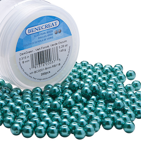 BENECREAT 200 Piece 8 mm Environmental Dyed Pearlize Glass Pearl Round Bead for Jewelry Making with Bead Container, Dark Spring Green