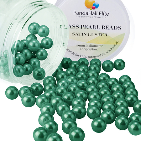 PandaHall Elite 10mm About 100Pcs Tiny Satin Luster Glass Pearl Round Beads Assortment Lot for Jewelry Making Round Box Kit Malachite Green