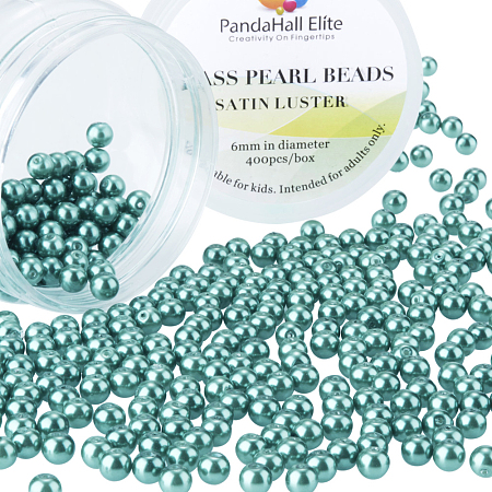 PandaHall Elite 6mm About 400Pcs Tiny Satin Luster Glass Pearl Round Beads Assortment Lot for Jewelry Making Round Box Kit Malachite Green