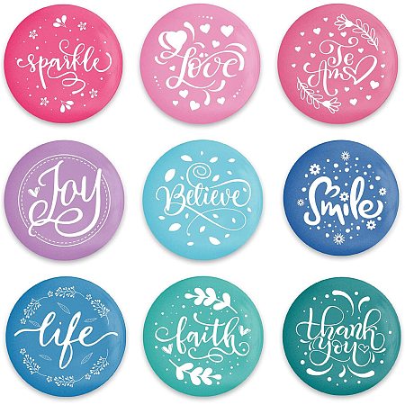 GLOBLELAND 9Pcs Mixed Words Pinback Buttons Thank You Te Amo Brooch Pins Picnic Camping Button Badges for Adults Kids Men or Women, 2.3Inch, Mixed Color, Matte Surface