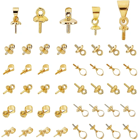 AHANDMAKER 100 Pcs Small Hole Cup Pearl Screw Eye Pin Bail Peg Pendants, 5 Styles Brass Pin Eye Screws Connectors, for for Half Drilled Beads Jewelry Making (0.5/0.6/0.7/1mm)