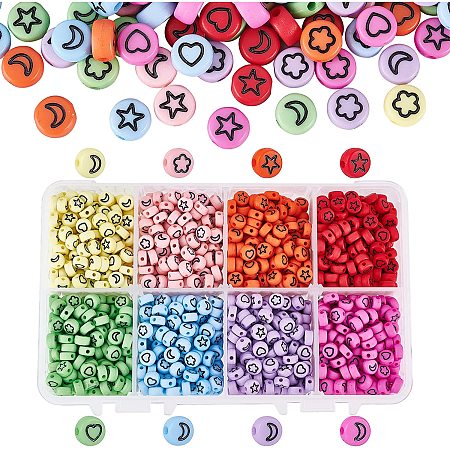 Pandahall Elite 1600pcs 8 Colors Opaque Acrylic Beads with Black Moon&Heart&Star&Flower Mixed Pattern Beads for Jewelry Making and DIY Bracelets, 7x4mm