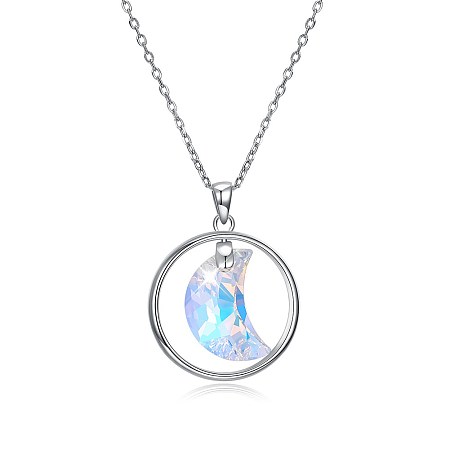 Honeyhandy Trendy 925 Sterling Silver Pendant Necklace, with Austrian Crystal, Ring and Moon, Platinum, 001AB_Crystal AB, 15.75 inch(40cm)