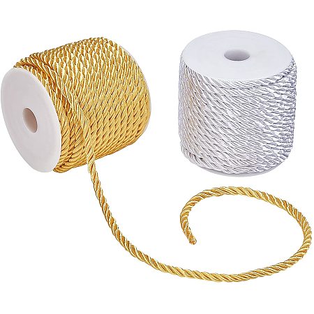 Pandahall Elite 2 Rolls 5mm Twisted Cord 118 Feet Braided String Decorative Twisted String Satin Polyester String for Christmas Decoration Bag Drawstrings Curtain Tieback, Gold and White