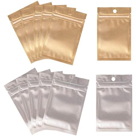 PandaHall Elite 100 pcs 2 Sizes Hanging Zip Barrier Bags Aluminum Foil Zip Lock Mylar Bags Smell Proof Bags Ziplock Pouch for Storage, 2.5x2.5 Inch & 4x2 Inch, Golden/Silver