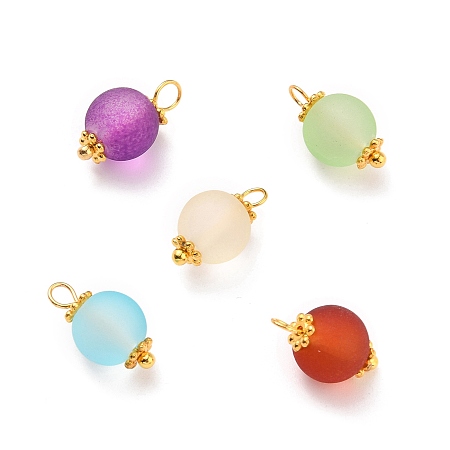 Honeyhandy Transparent Frosted Glass Pendants, with Alloy Flower Daisy Spacer Beads and Brass Pin, Round, Golden, Mixed Color, 14x8mm, Hole: 2mm