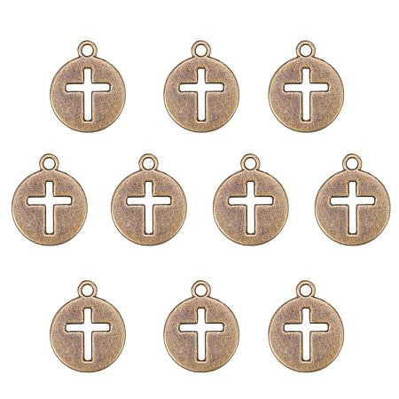 NBEADS 300pcs/kg Vintage Flat Round Tibetan Style Alloy Antique Bronze Pendants with Cross Hang Tag for Crafting DIY Jewelry Making Accessories, 18x15mm