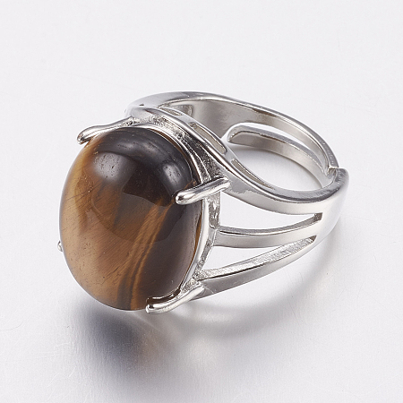 Honeyhandy Natural Tiger Eye Wide Band Finger Rings, with Brass Ring Findings, Oval, 18mm