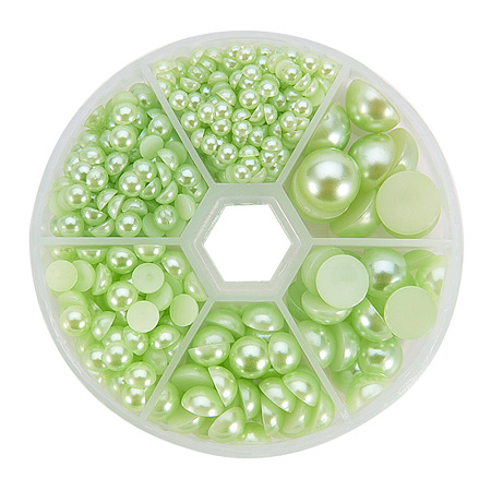 PandaHall Elite GreenYellow 4-12mm Flat Back Pearl Cabochons for Craft and Decoration, about 690pcs/box