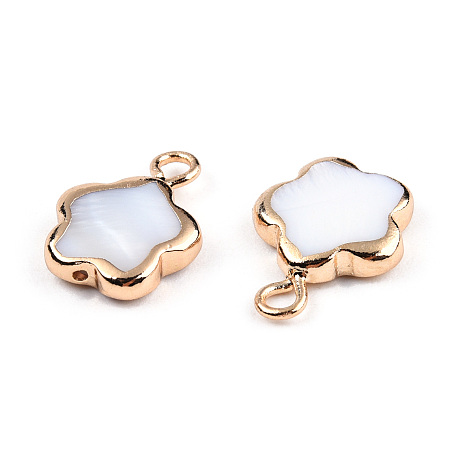 Honeyhandy Electroplated Natural Freshwater Shell Charms, with Light Gold Plated Brass Findings, Flower, Creamy White, 13.5~14x10~10.5x2.5~3mm, Hole: 1.8mm