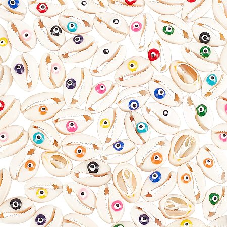 PandaHall Elite 66pcs 11 Color Cowrie Shell Beads Halloween Beads with Evil Eye Pattern Summer Good Luck Beads for Jewelry Making Home Party Halloween Decoration
