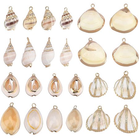 SUNNYCLUE 1 Box 24Pcs 6 Style Electroplate Spiral Seashells Craft Charms Connectors Pendant Conch Shells Charms with Plated Golden Loop Bail for Bracelet Necklace Making Craft Supplies