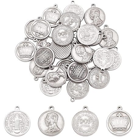UNICRAFTALE 40Pcs 4 Styles Flat Round with Human/Crown/Dos Pesos/Saint Paul The Apostle Pendants 201 Stainless Steel Charms Vintage Stylish Pendants for DIY Bracelet Necklace Jewelry