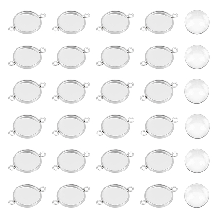 Unicraftale 100Pcs 304 Stainless Steel Cabochon Connector Settings, Plain Edge Bezel Cups, Flat Round, with 100Pcs Transparent Glass Cabochons, Stainless Steel Color, Cabochon Connector Settings: 19x14x2mm, Hole: 1.5mm, Inner Diameter: 12mm