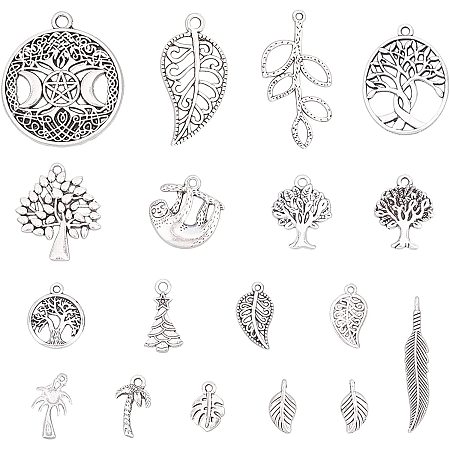 PandaHall Elite 180pcs 18 Styles Tree Leaf Pendants Charms Assorted Tree of Life Pendant Tibetan Branch Leaves for Jewelry Making Findings Accessory, Antique Silver/Platinum