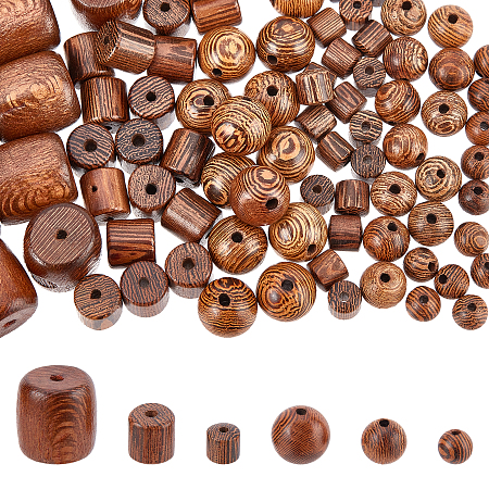 Arricraft 120 Pcs 6 Styles Dark Brown Wood Bead, Natural Macrame Loose Wood Ball Beads Textured Polished Wenge Wood Charms for Jewelry Making Necklace Bracelet DIY Crafts