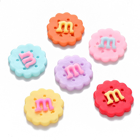 ARRICRAFT Resin Cabochons, Imitation Food, Flower shaped Biscuit, with Letter M, Mixed Color, 21~22x5mm