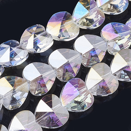 Electroplate Glass Beads, AB Color Plated, Faceted, Heart, Clear AB, 14x14x8.5mm, Hole: 1mm