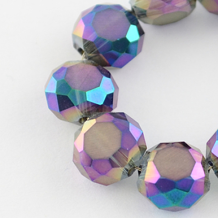 Electroplate Glass Bead Strands, Frosted Style, Faceted, Flat Round, Colorful, 8x4~5mm, Hole: 1mm, about 72pcs/strand, 21.2 inch