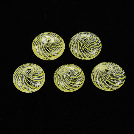 Honeyhandy Transparent Handmade Blown Glass Globe Beads, Stripe Pattern, Flat Round, Yellow, 14~15x9mm, Hole: 1~2mm