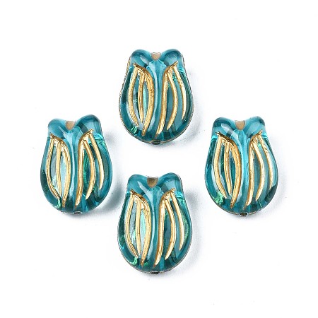 Plating Acrylic Beads, Metal Enlaced, Flower, Dark Turquoise, 16.5x12x7.5mm, Hole: 1.2mm