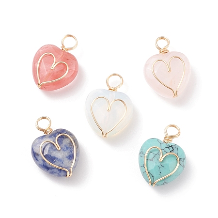 Honeyhandy Natural & Synthetic Gemstone Pendants, Twisted with Golden Tone Copper Wire, Facted, Heart, 21x15x8.5mm, Hole: 3.4~4mm