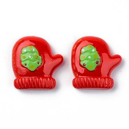 ARRICRAFT Resin Cabochons, Opaque, Christmas Theme, Christmas Glove, Green, Red, 24.5x23x8mm