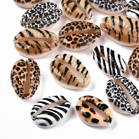 Honeyhandy Printed Natural Cowrie Shell Beads, No Hole/Undrilled, with Animal Skin Pattern, Mixed Color, 18~22x13~14x6~8mm