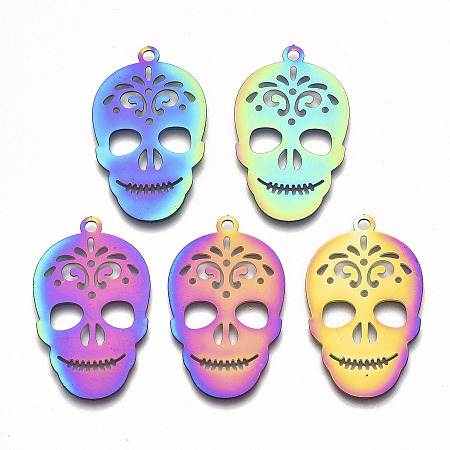 Honeyhandy Ion Plating(IP) 201 Stainless Steel Pendants, Etched Metal Embellishments, Sugar Skull, For Mexico Holiday Day of The Dead, Rainbow Color, 34x20.5x0.3mm, Hole: 2mm