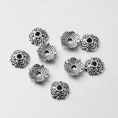 ARRICRAFT Tibetan Style Alloy Flower Bead Caps, Antique Silver, 7x7x2mm, Hole: 1.5mm