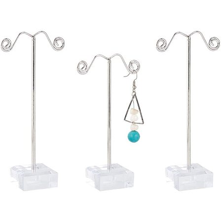 Iron Earring Display Stands, T- Shape Earring Display Stand, Jewelry Tree Stand, Platinum, 55x30x95~125mm; 3pcs/set