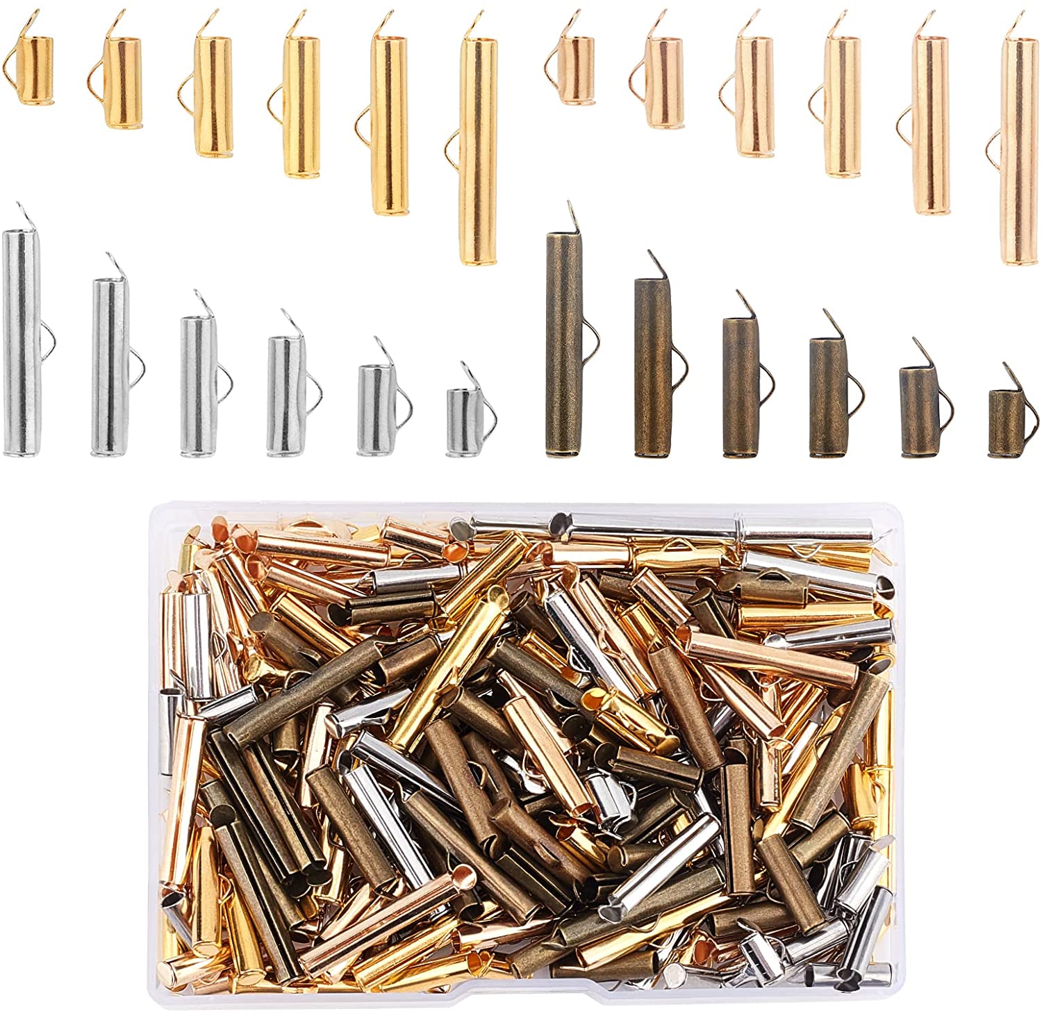 100pcs/Box Brass Slide On End Clasps Tube Bead Loom Bronze w/ Chain Clasp Rings 