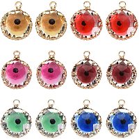 NBEADS 12 Pcs Evil Eye Charms, 6 Colors Flat Round Evil Eye Glass Charms Faceted Transparent Glass Pendant with Brass Prong Settings for DIY Jewellery Making